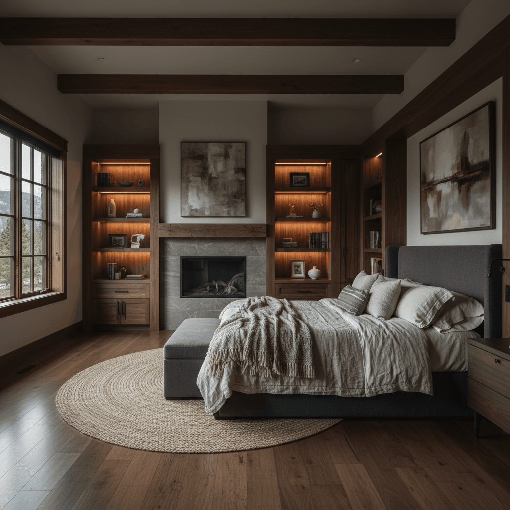 Luxury master bedroom with custom built-ins and quality finishes