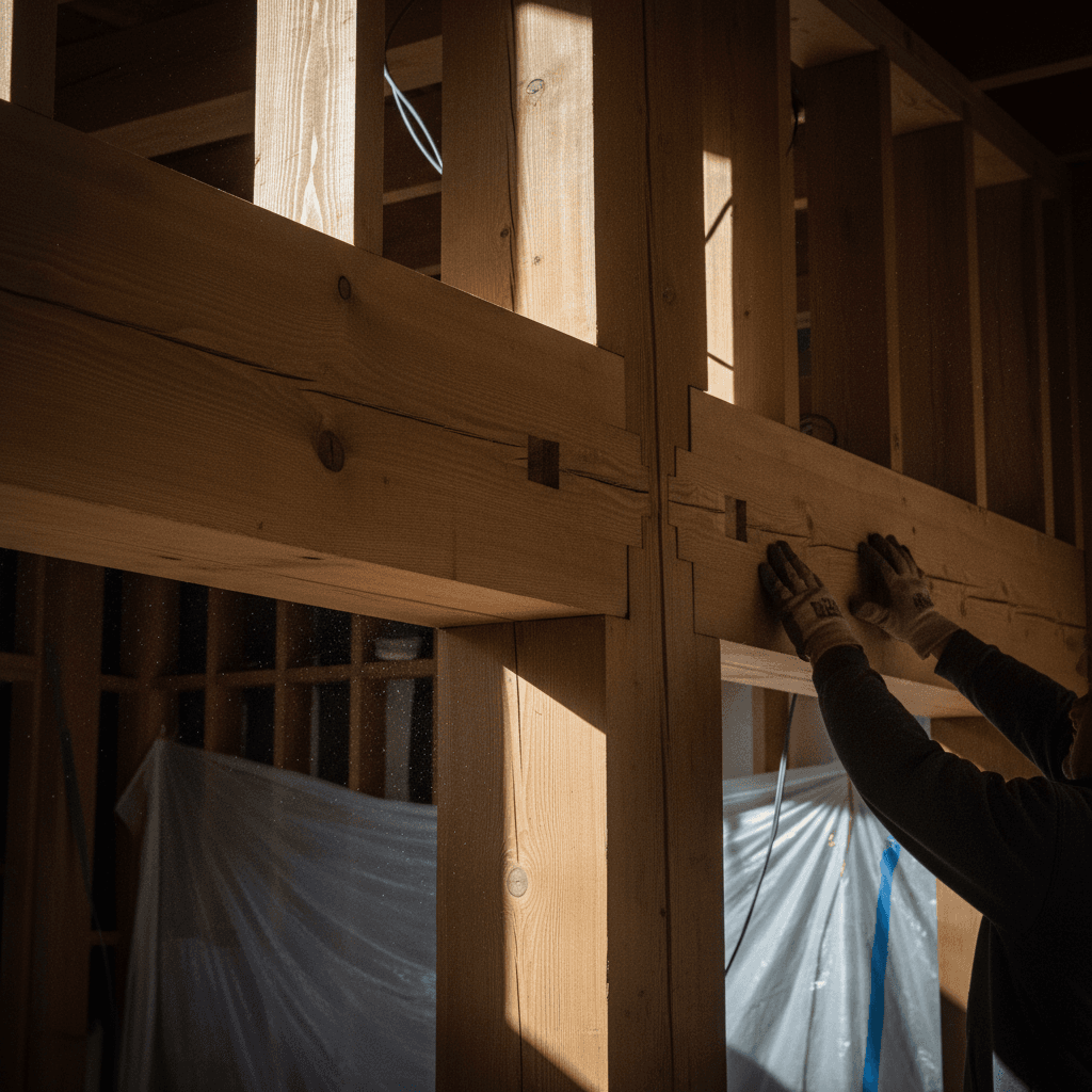 Structural framing and timber components during home construction