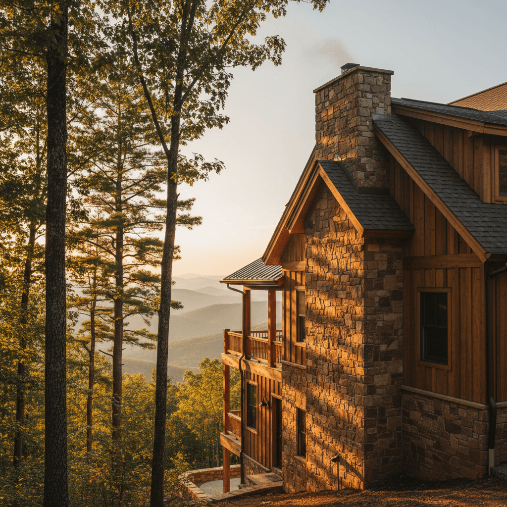 Custom built mountain home exterior with stone and wood details