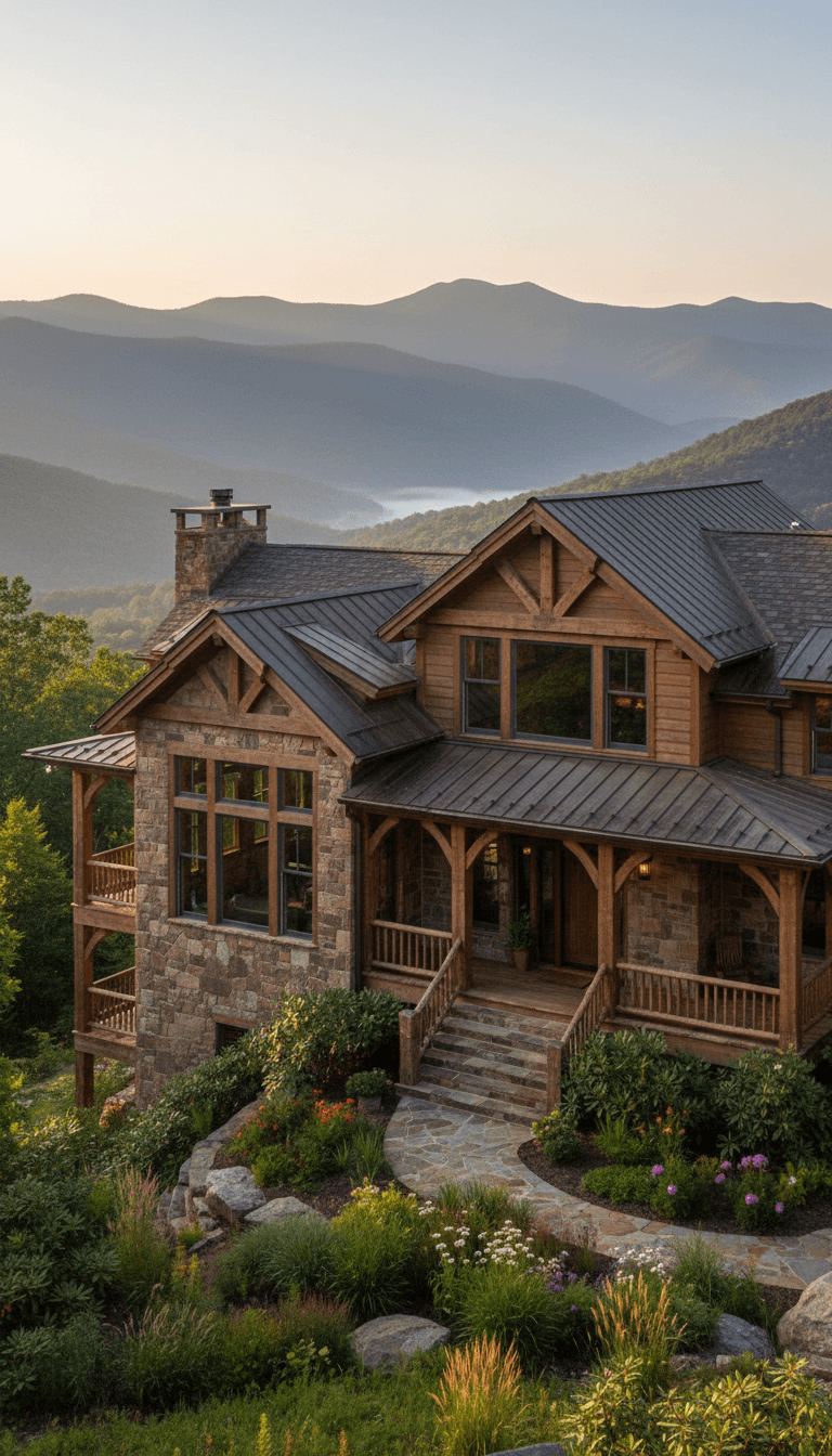 Custom residential home with stone foundation and timber details overlooking mountain landscape