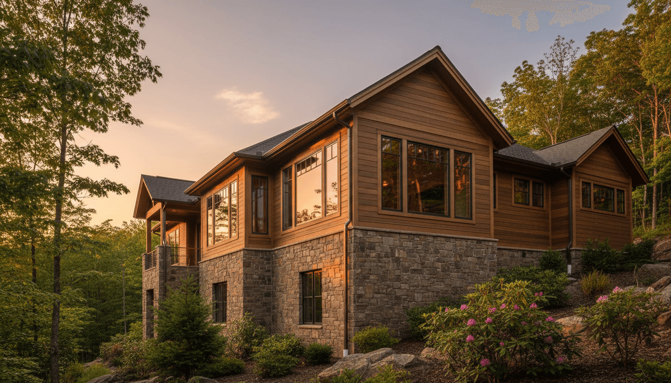 Custom-built mountain home in Waynesville with timber and stone exterior, showcasing high-quality craftsmanship and mountain design