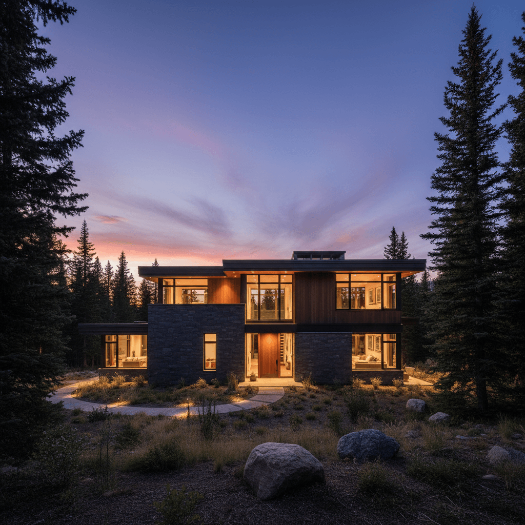 Modern mountain home exterior at dusk with warm interior lighting