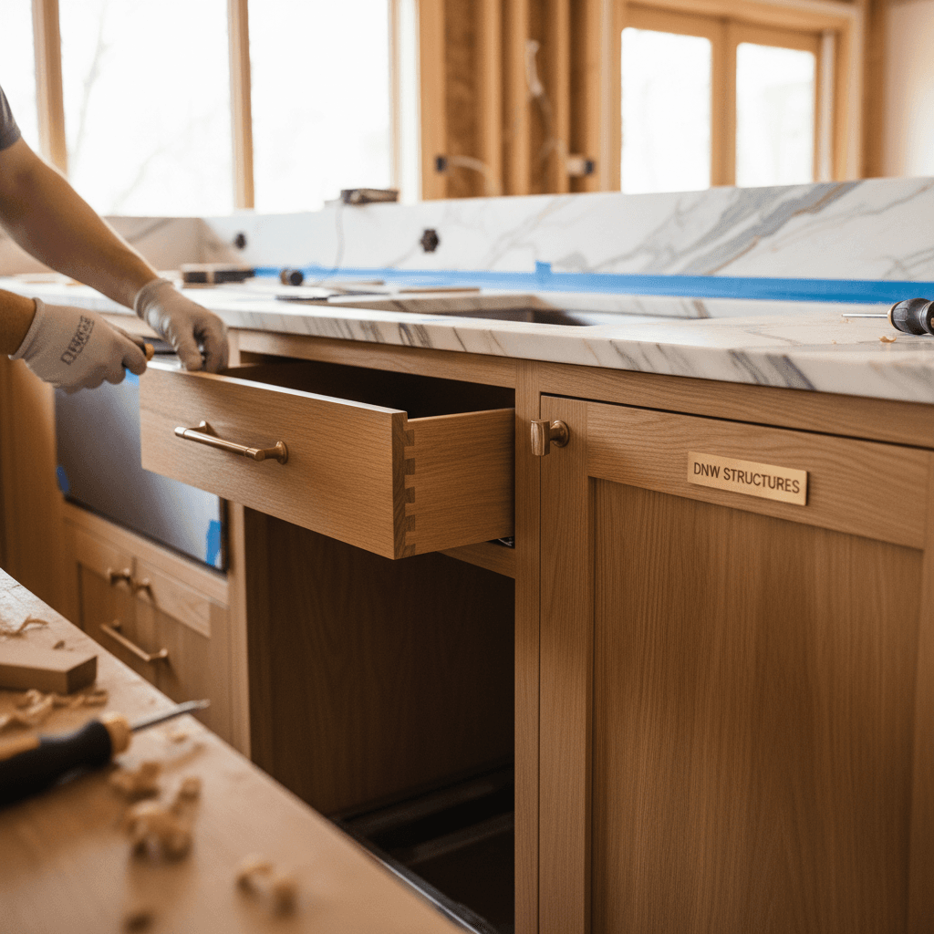 Custom kitchen remodel showing cabinetry and countertop installation