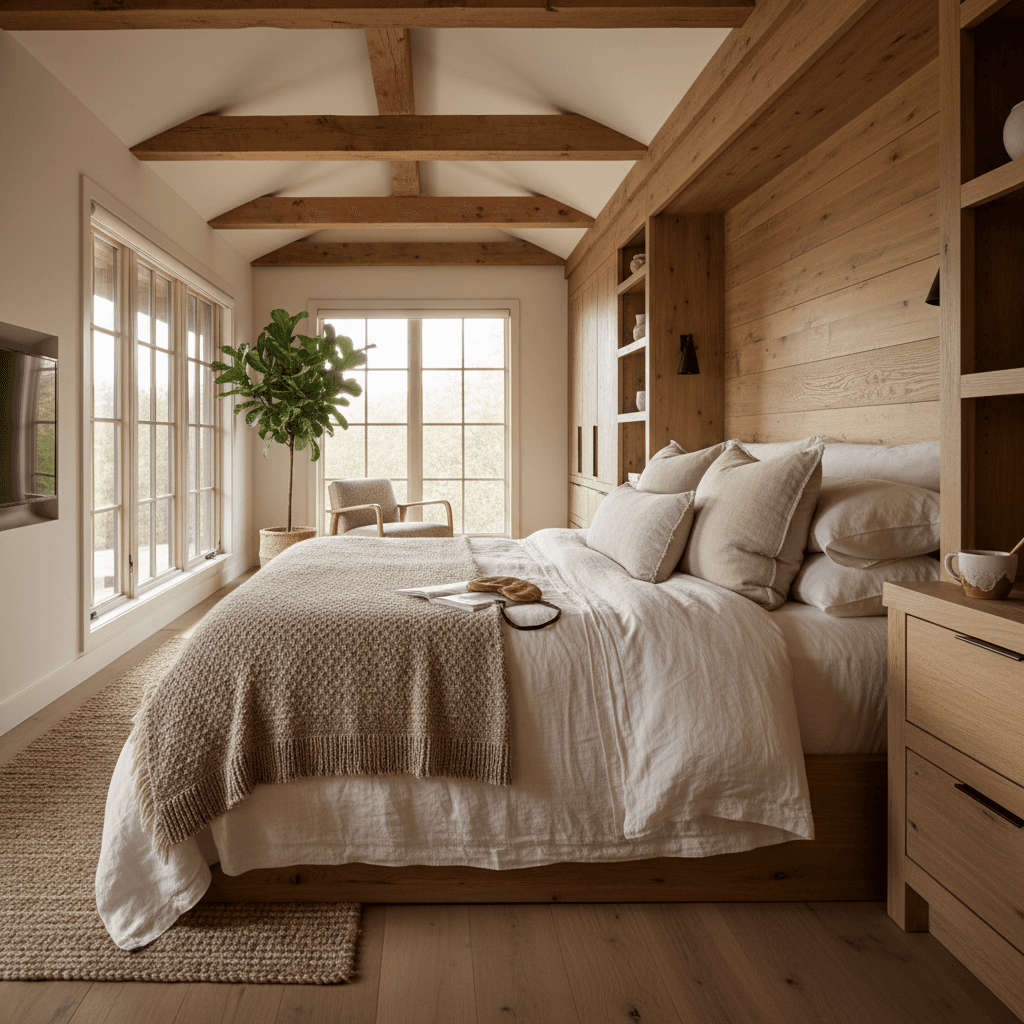 Custom master bedroom with wood beams and high-end finishes