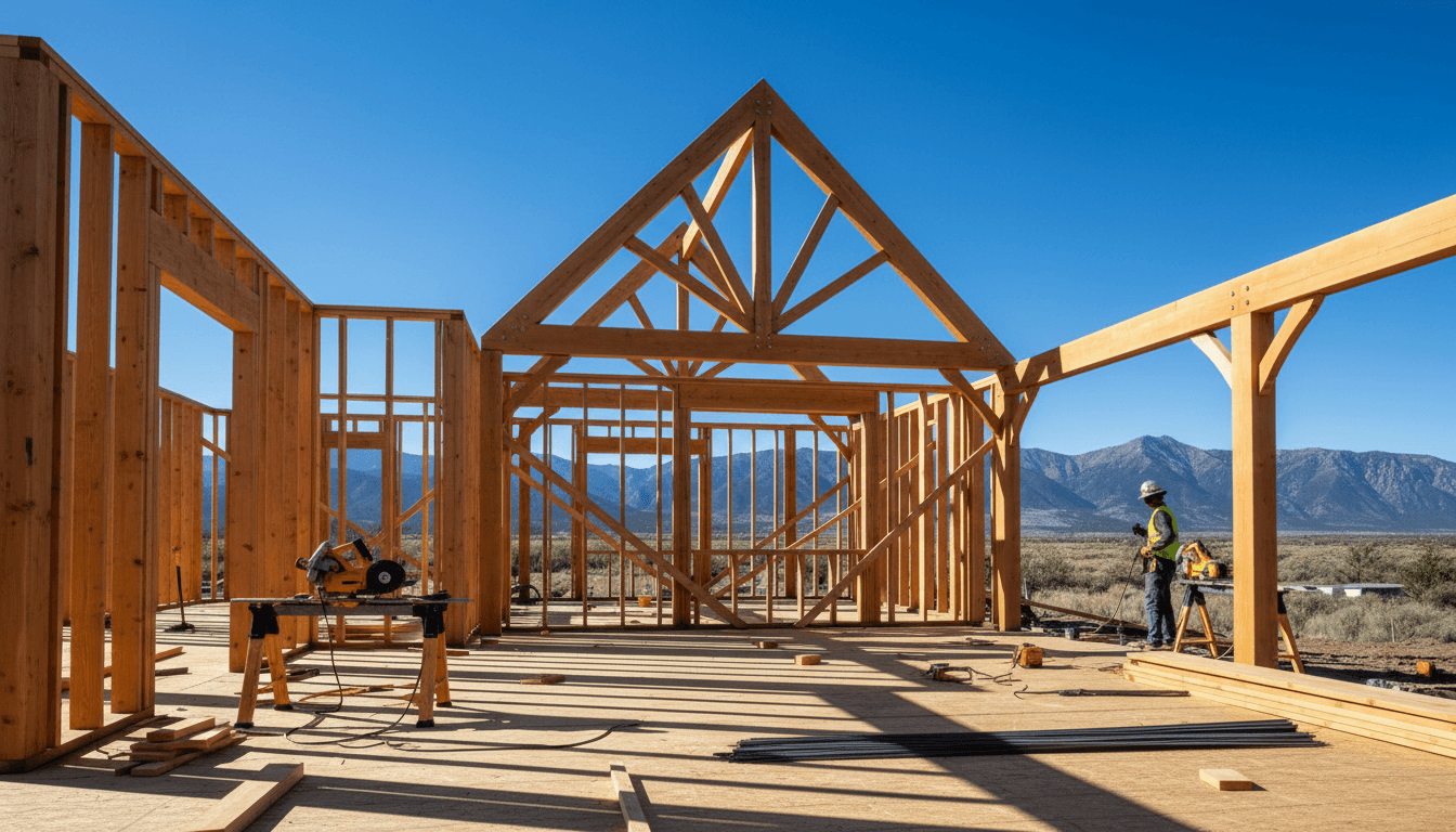 Custom home under construction in Waynesville, NC showing timber framing and structural work