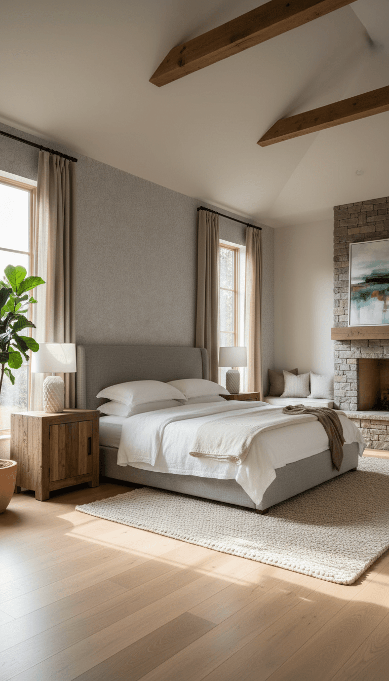 Completed master bedroom with natural light and quality finishing details