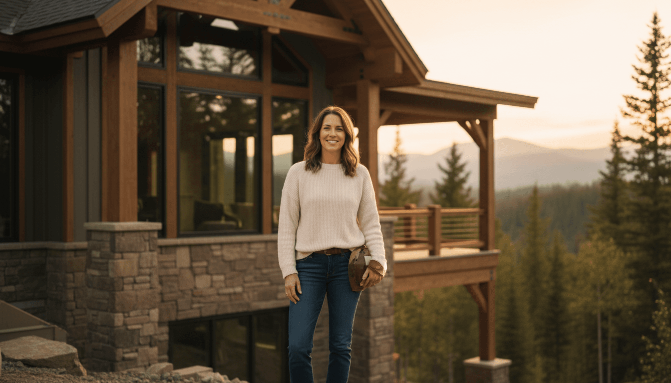 Professional woman standing in front of a mountain home construction project