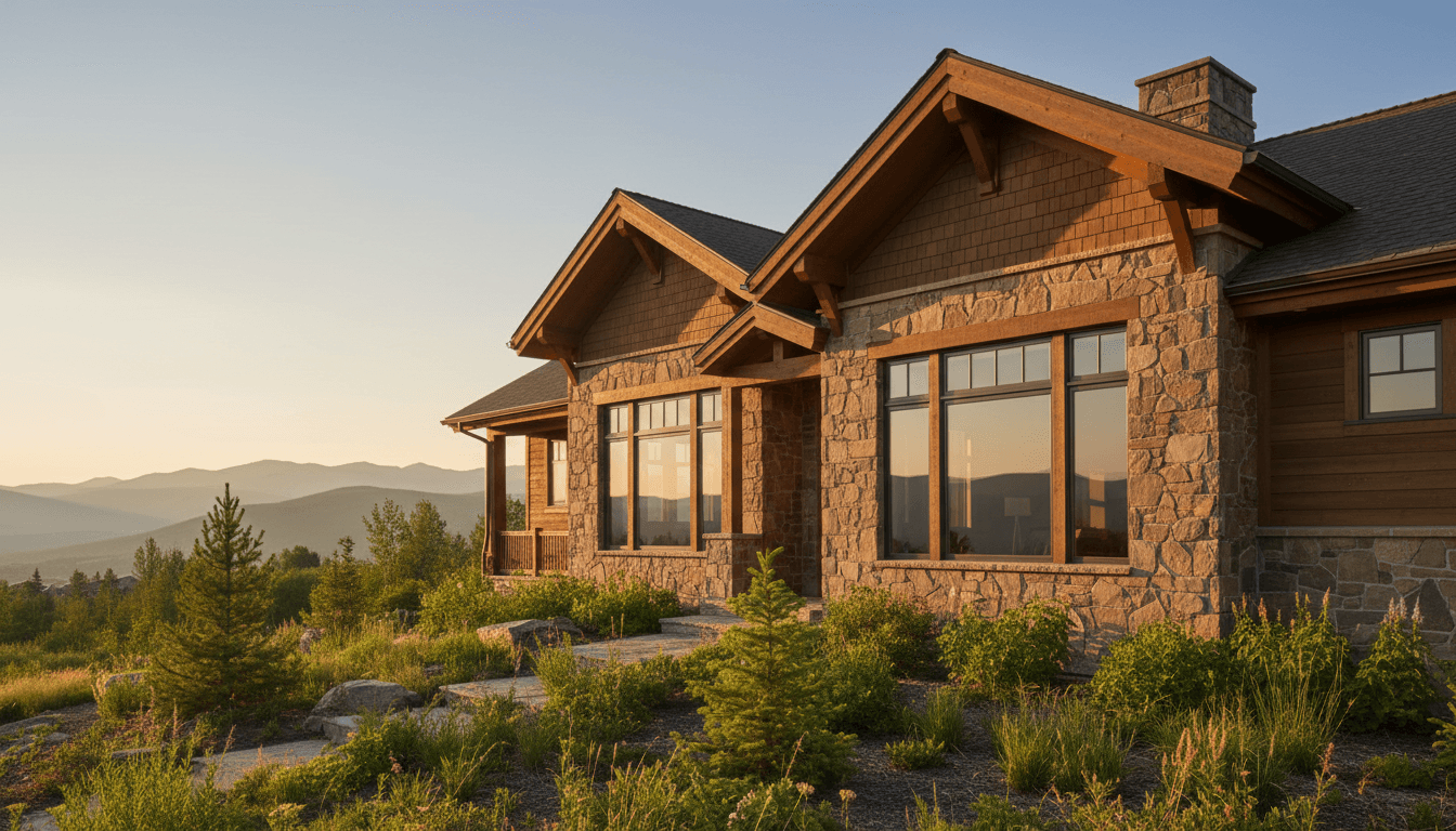 Completed custom mountain home in Waynesville, NC with natural wood siding and stone details