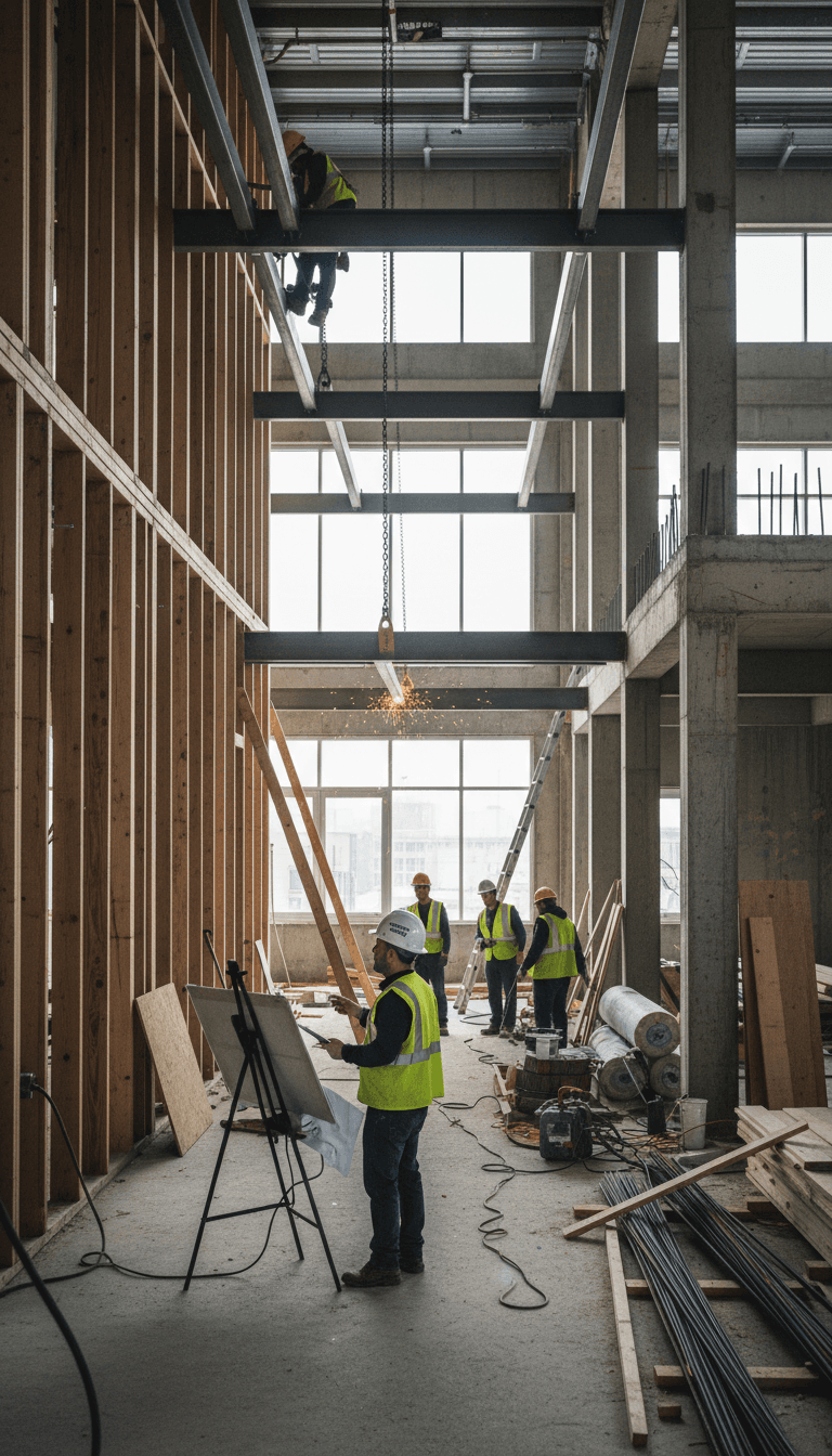 Active home renovation construction site showing framing and structural work