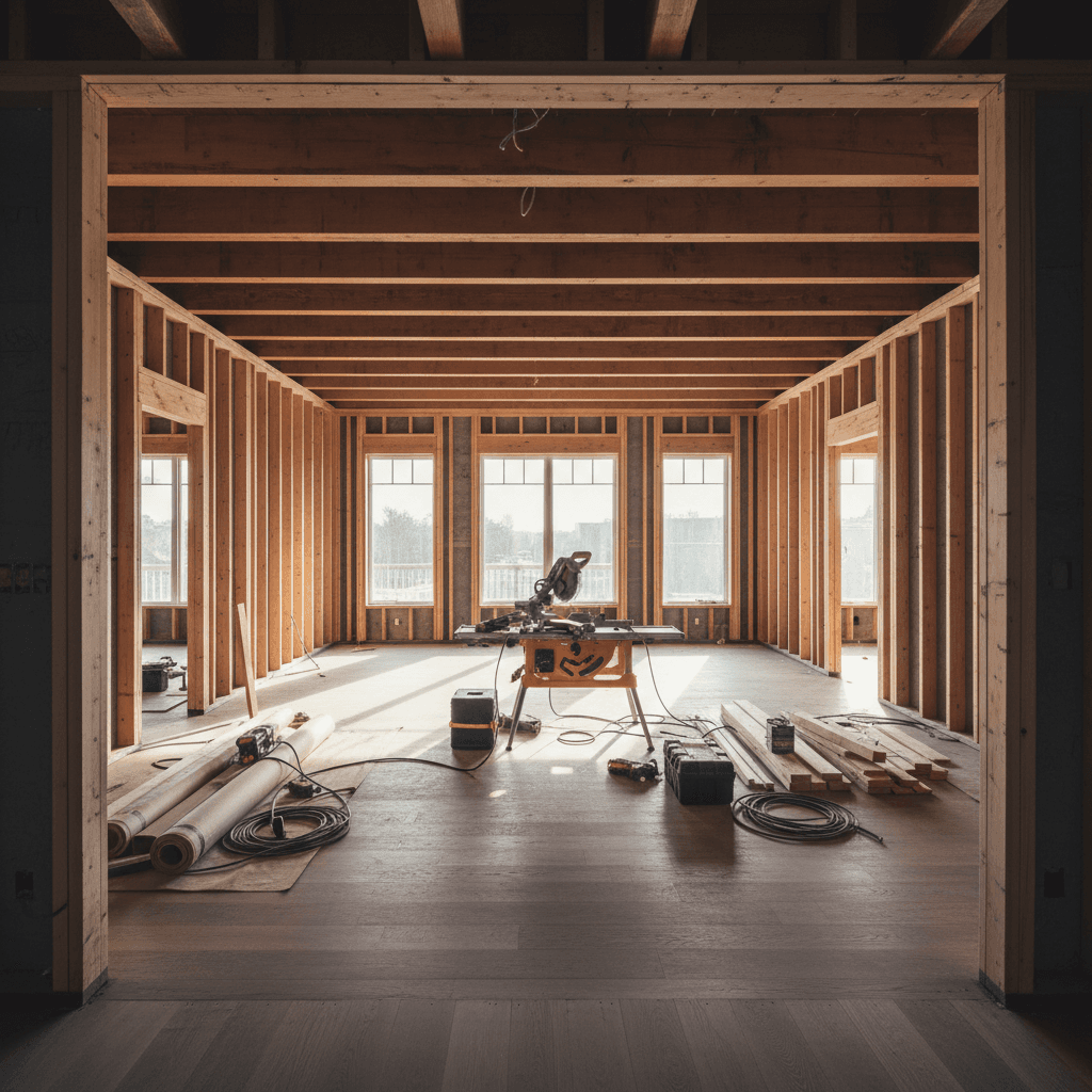 Large-scale home renovation interior with structural framing and new flooring