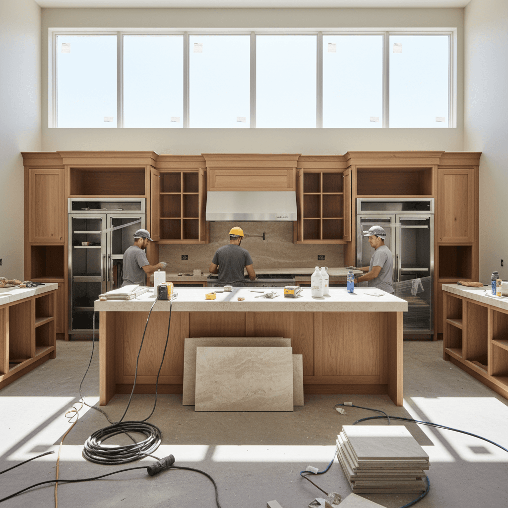 Kitchen renovation showing custom cabinetry and countertops under construction