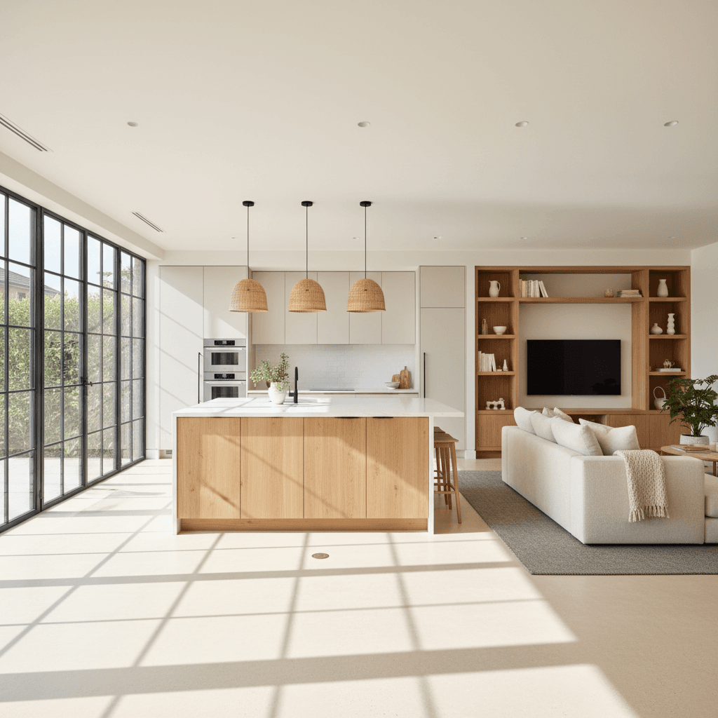 Renovated open-concept kitchen and living space with custom built-ins