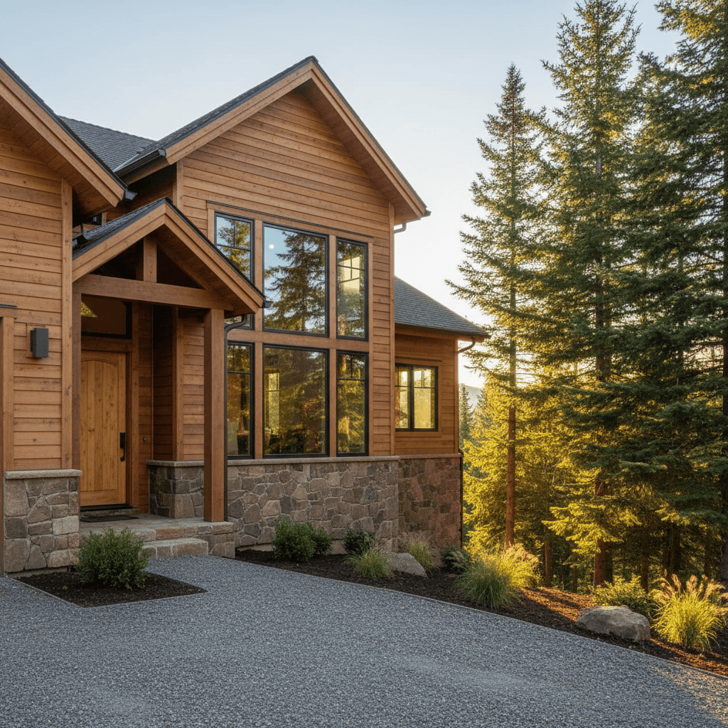 Custom mountain home exterior with wood siding and stone foundation