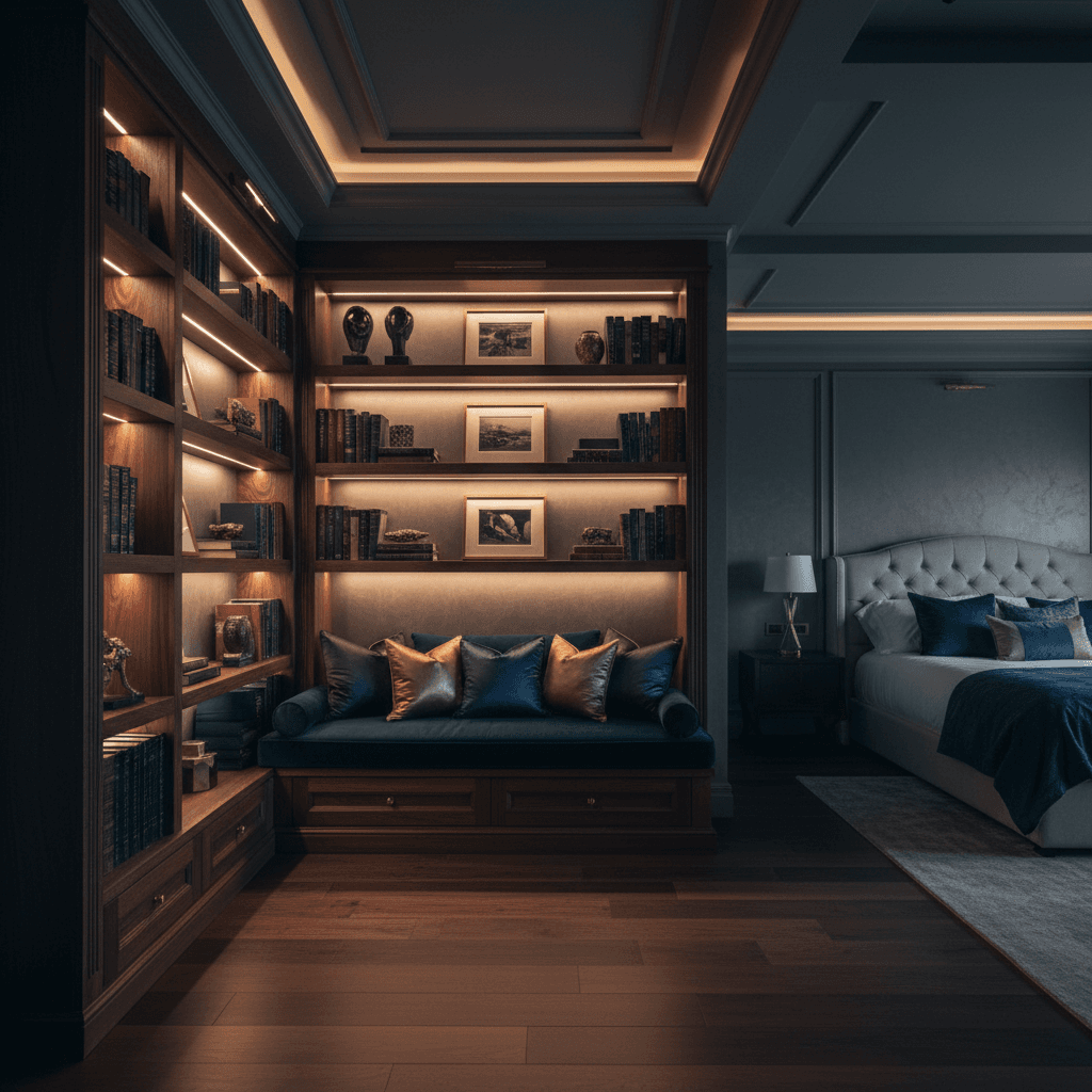 Finished master bedroom with custom built-in reading nook and lighting