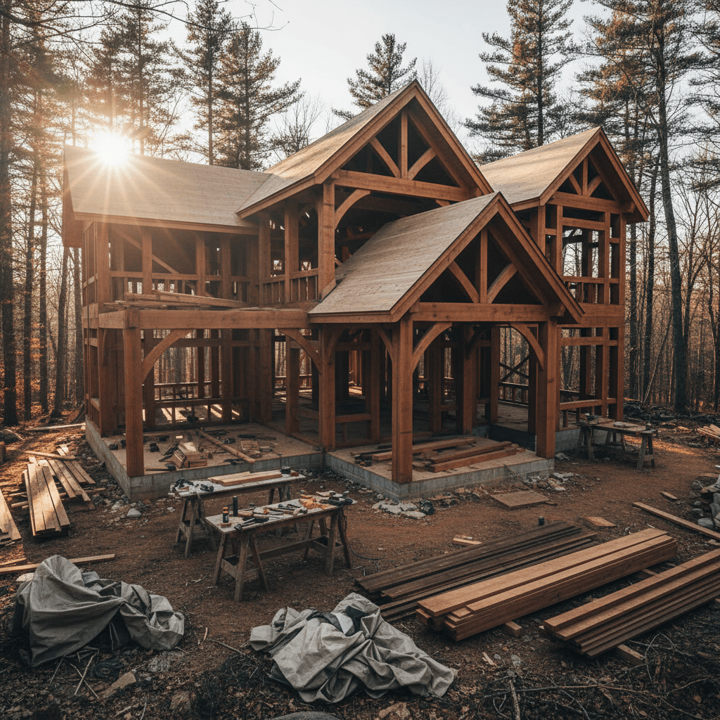 Custom mountain home under construction with timber framing visible