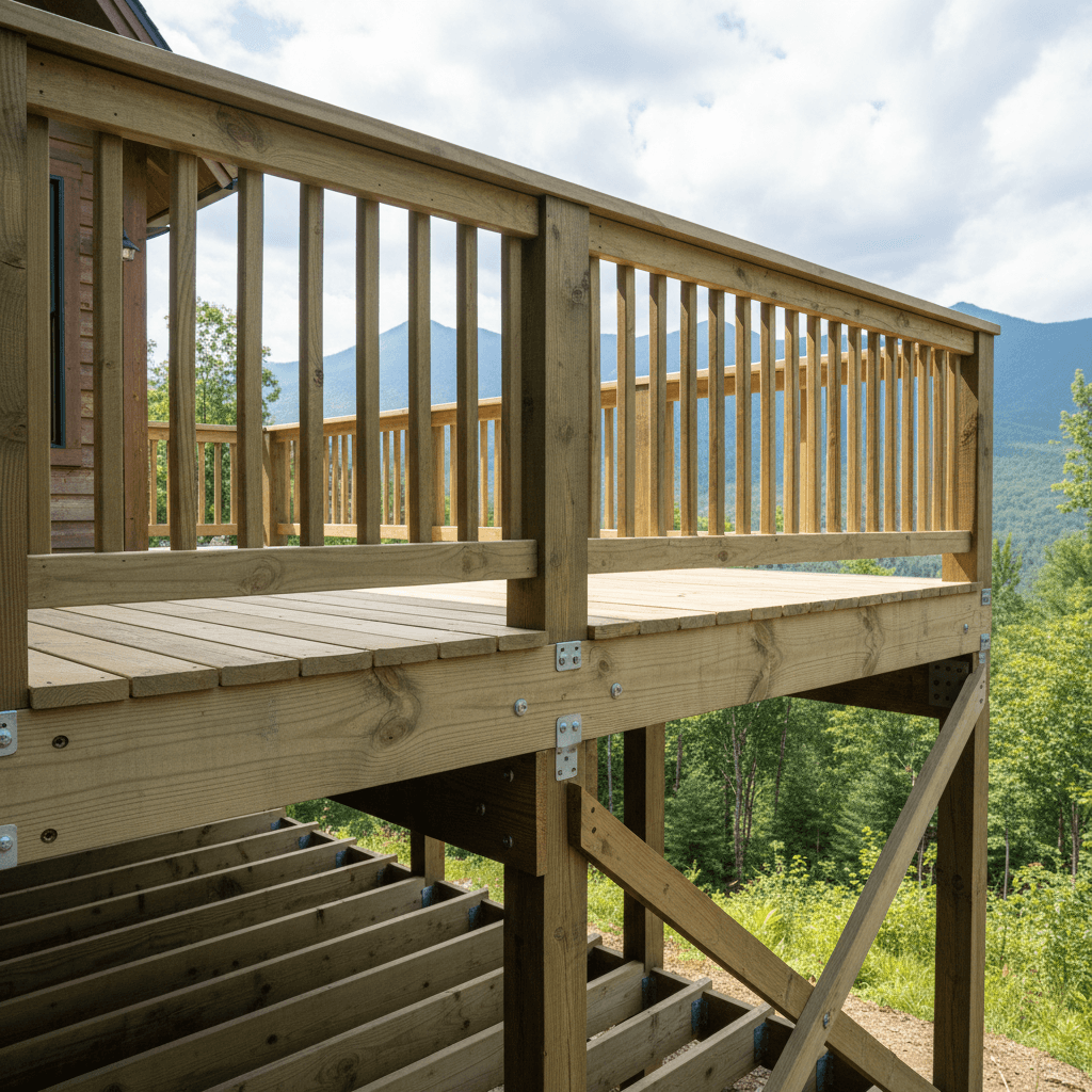 New deck construction on mountain home with quality railings and structure