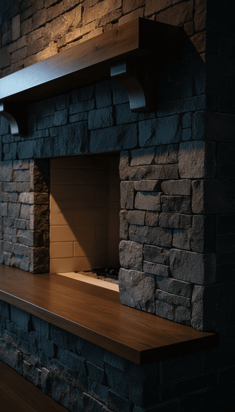 Custom stone fireplace and hearth detail in completed residential project