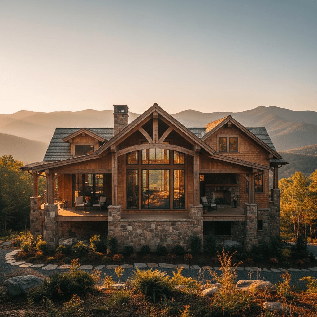 Custom mountain home construction with stone foundation and timber framing