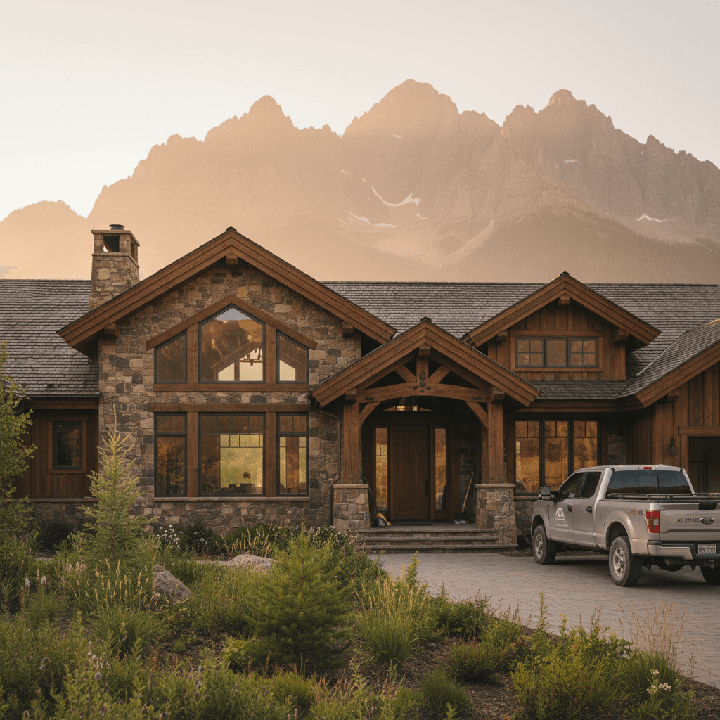 Completed custom mountain home with stone and timber exterior
