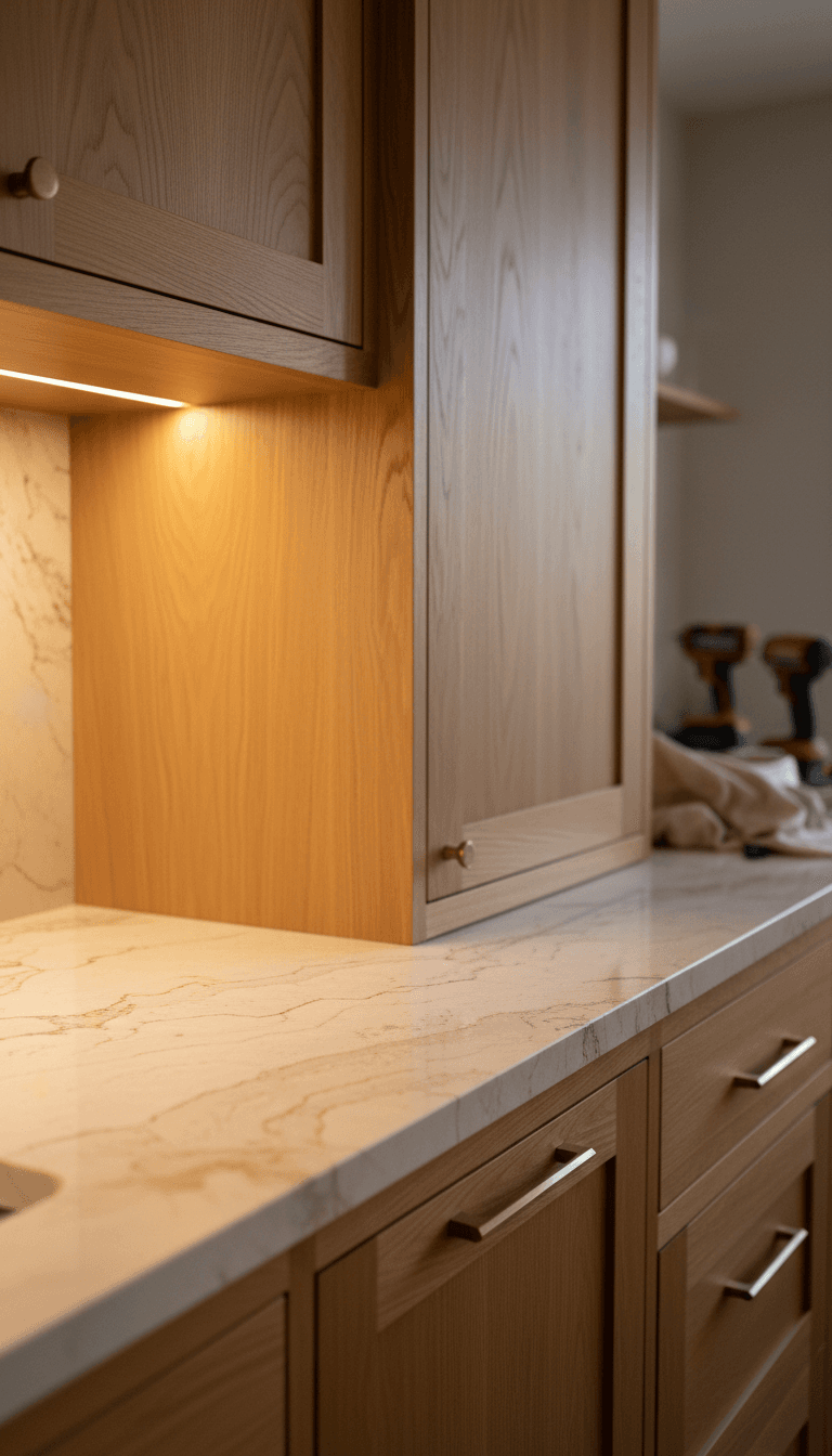 Kitchen cabinetry and stone countertop detail showcasing custom renovation craftsmanship