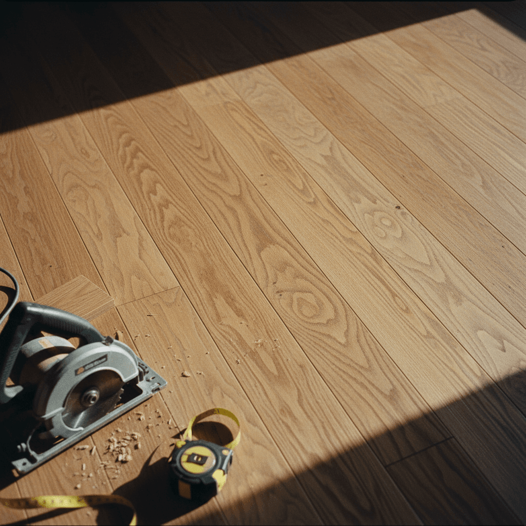 Hardwood flooring installation with precision tools and wood grain detail