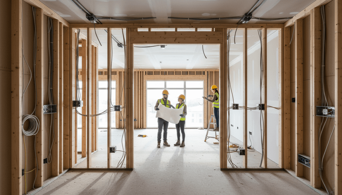 Two electricians installing wiring and conduit in new home construction with organized runs throughout exposed framing