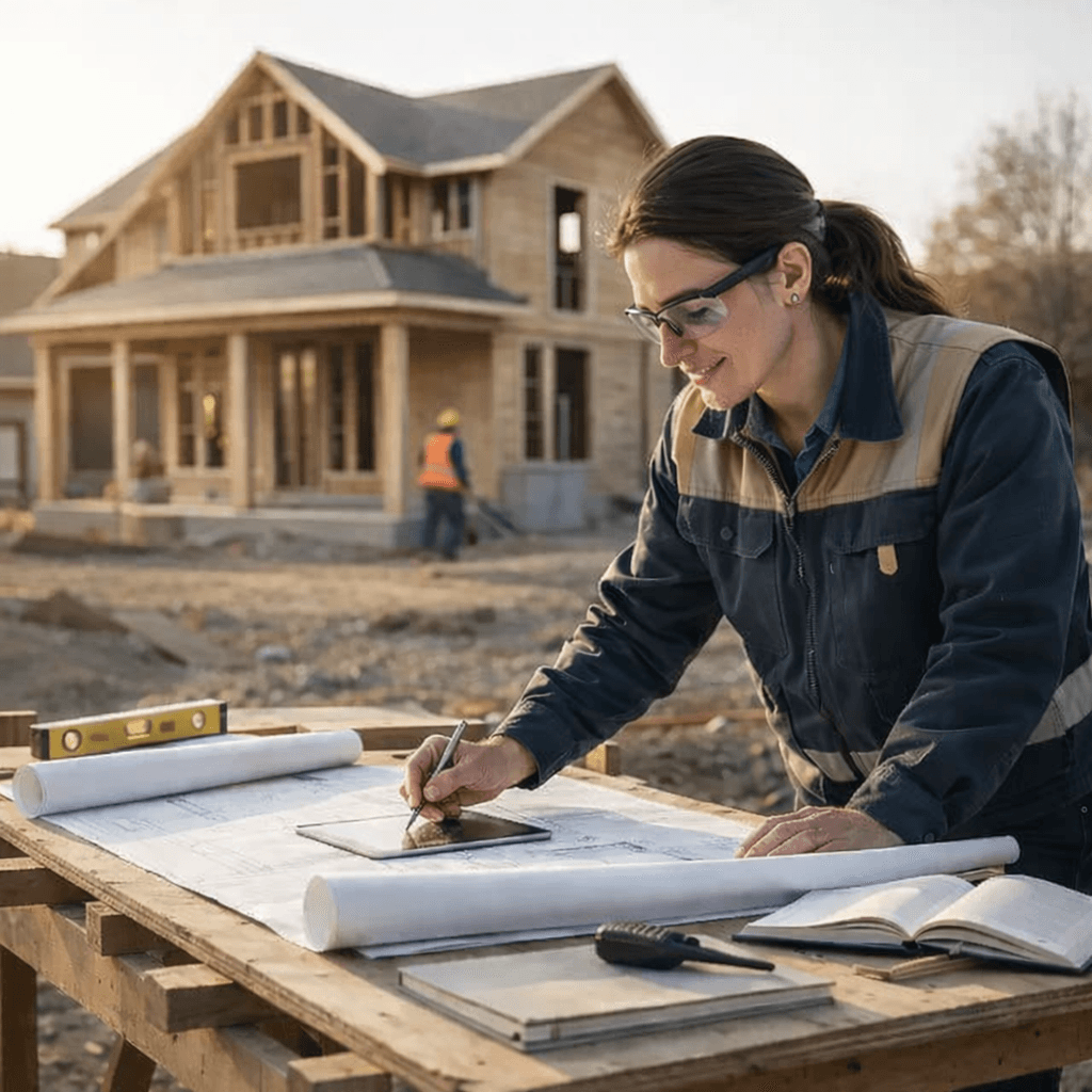 Female architect reviews digital blueprints on a tablet at a residential construction site.